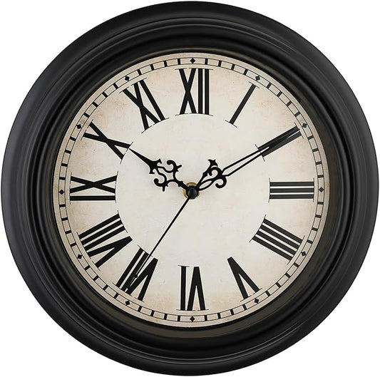 Plumeet Retro Wall Clock, 12'' Non Ticking Classic Silent Vintage Wall Clocks Decorative Kitchen Living Room Bedroom, Roman Numerals, Battery Operated, Black