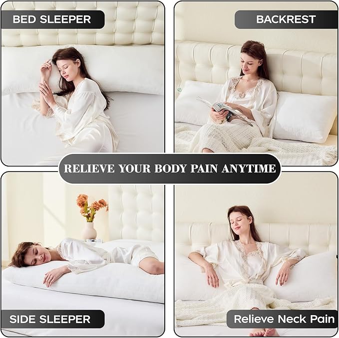 Memory Foam Body Pillow, Fluffy Full Body Pillows for Adults, Quilted Large Long Bed Pillow Insert for Sleeping, Firm & Supportive (20x54 inch, White)
