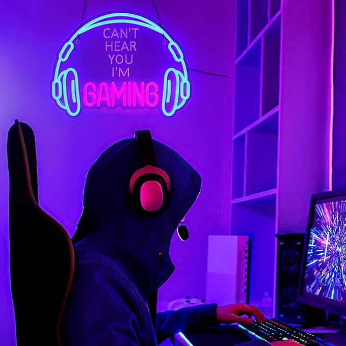 Gaming Neon Sign, Large Bright and Dimmable Colored LED Headset Gamer Neon Light and USB Powered Headphone Lightup Game Signs for Game Zone Video Room Boy Bedroom Wall Decor (Can't Hear You I'm Gaming)