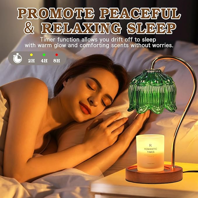 Green Candle Warmer Lamp with Timer, Dimmable Flower Candle Lamp Warmer, Birthday Gifts for Women, Mom, Female Friend, Glass Vintage Candle Lamp, Aromatic Candle Warmer Light for Vintage Room Decor