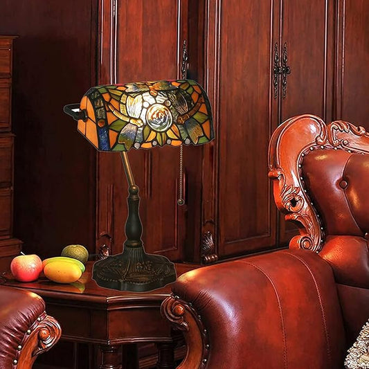 Tiffany Style Bankers Table Lamp Stained Glass Piano Desk Lamp Vintage Bedroom Bedside Lamp for Study,Antique Alloy Base,Zipper Switch,Dragonfly b