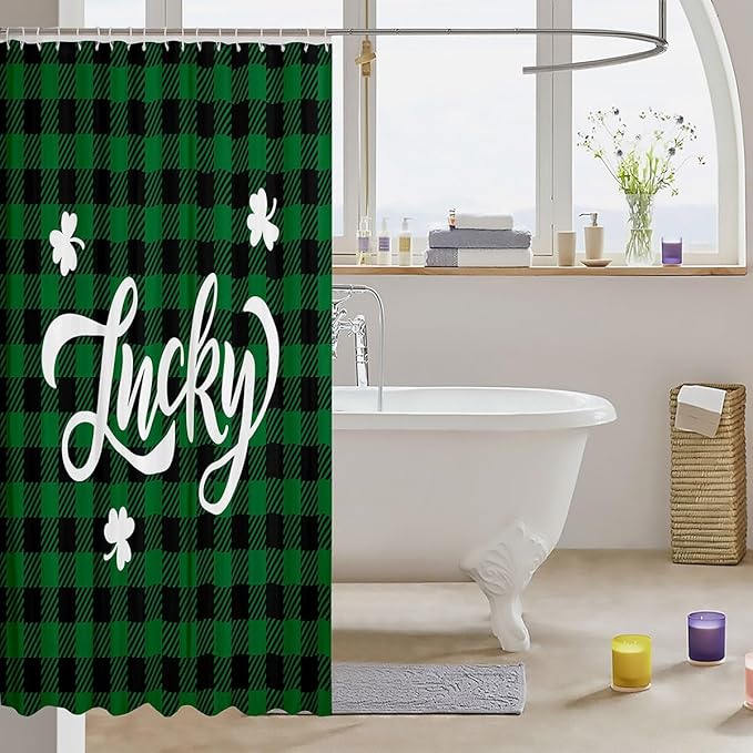 Happy St. Patrick's Day Kids Shower Curtains,Leaf Irish Holiday Bathroom Curtains for Girls Boys,Geometric Grids Checkered Patchwork Green Retro Waterproof Curtains,12 Hooks Suits,72"W x 72"L