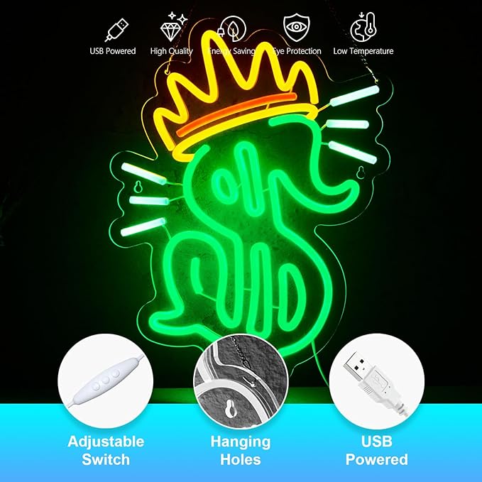 Money Sign Neon Sign Dollar Neon Sign for Wall Decor Dollar with Corwn USB Dimmable LED Neon Lights for Beer Bar Kitchen Restaurant Home Bar Pub Tavern Party Man Cave Club Shops Hotel Store Business Gift