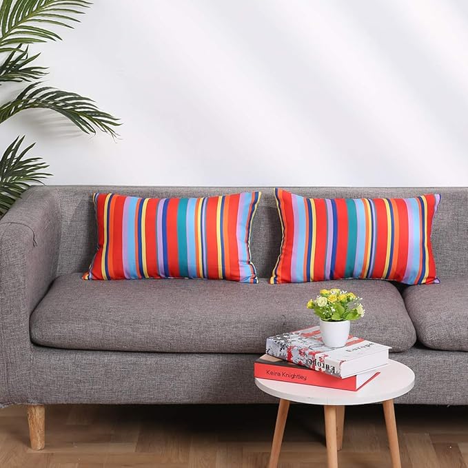 Eternal Beauty Set of 2 Outdoor Decorative Pillow Covers Waterproof Outdoor Pillow Covers for Spring Summer Patio Lumbar Pillows, Red Stripe, 12X20 inches