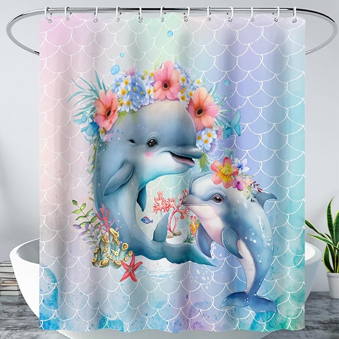 AILONEN Cute Dolphin Shower Curtain,Color Mermaid Scale Print Shower Curtain with 12 Plastic Hooks,Kawaii Ocean Dolphin Print Bath Curtain Decorative Waterproof 60" W*72" H