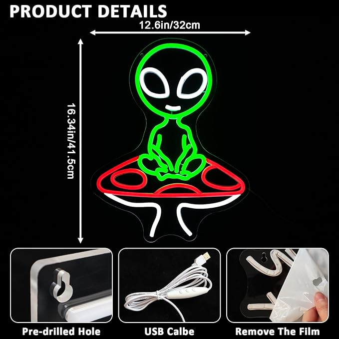 Mushroom Alien Neon Sign for Wall Decor, USB Dimmable Green Alien Neon Lights for Bedroom, Home, Game Room, Party, Beer Bar, Hip Hop Pub, Man Cave, Yoga Gifts