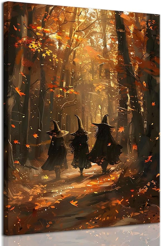 ILLBDR Halloween Canvas Wall Art Prints Creepy Witchy Silhouette Vintage Painting Poster Gothic Dark Moody Pictures Decor for Gallery Living Room Bedroom Bathroom 12x16 inch Framed