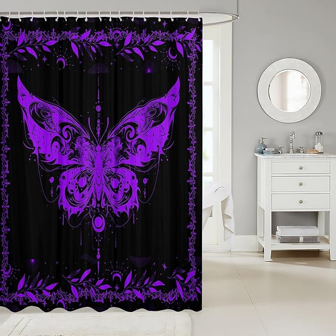 Feelyou Boho Purple Butterfly Fabric Shower Curtain Bohemian Moth Shower Curtain for Kids Boys Girls Moon Galaxy Bathroom Waterproof Accessories with 12 Hooks Black and Purple Curtains,72X72 Inches