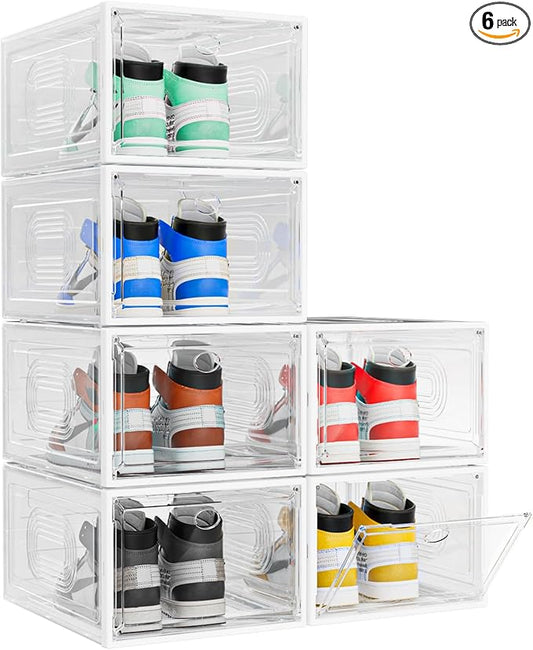 6 Pack Thicken Shoe Organizer Stackable,Upgraded Sturdy Shoe Storage Box with Magnetic Door,Shoe Containers for Sneaker Display,White