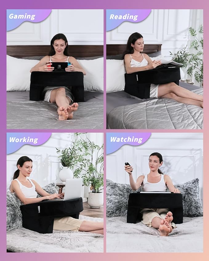 Weighted Idea Reading Pillow for Gaming, Meduim Gaming Pillow for Adult，Table Pillow with 2 Side Pockets for Gaming, Reading, Working Sitting in Bed Floor Sofa (Black)