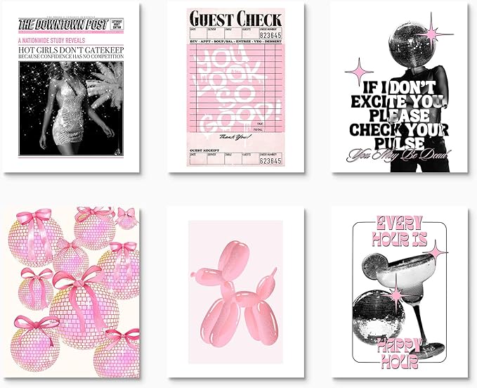 Habseligkeit Pink Fashion Wall Art Prints, Trendy Cute Wall Art Posters for Room Decor Aesthetic, Unique Room Decor for Girls Dorm, Unframed, 11x14in, Set of 6