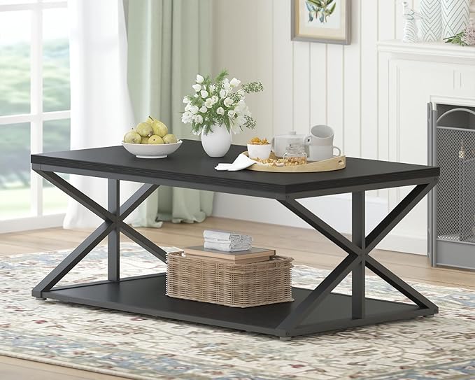 Modern Coffee Table with Storage, Farmhouse Living Room Table, Minimalist Rectangle Center Table, Industrial Vintage Wood Tea Table, 39 Inch, Black Oak