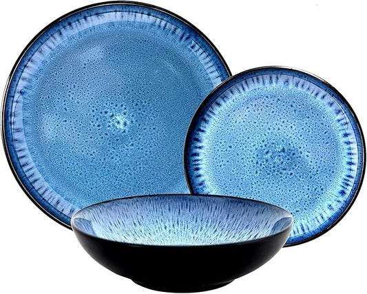 Tudor 6-Piece Dinnerware Set,Service for 2,Blue, Reactive Glaze Dish Set, Plates and Bowls Set,Premium Quality Tableware, Unique Pattern, Glossy