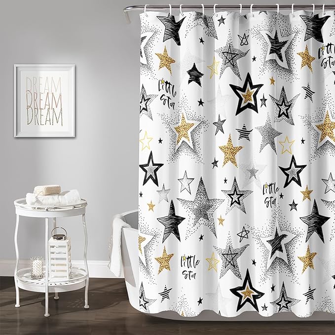 AILONEN Star Shower Curtain, Grey and Gold Tie Dye Star Bathroom Curtain,Minimalist Shower Curtain 60" W*72" H Polyester Waterproof Bathroom Curtain with 12 Hooks