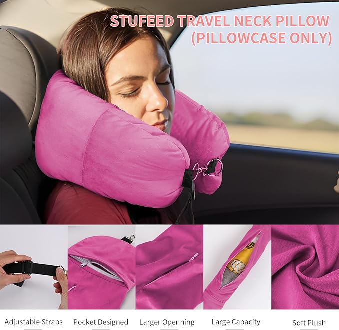 Stuffable Travel Pillow for Extra Luggage, Travel Neck Pillow Stuffable with Clothes, Stuffable Neck Pillow for Travel, Velvet Travel Neck Pillow Storage Bag, Fillable Luggage Pillow (Strong Pink)