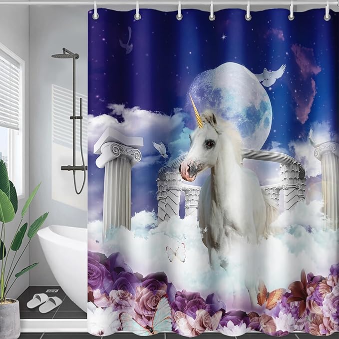 AILONEN Unicorn Shower Curtain, Holy Unicorn Theme Shower Curtain for Girls Teens Bathroom,3D Flower Butterfly Waterproof Fabric Shower Curtain Set,72" W*78" H