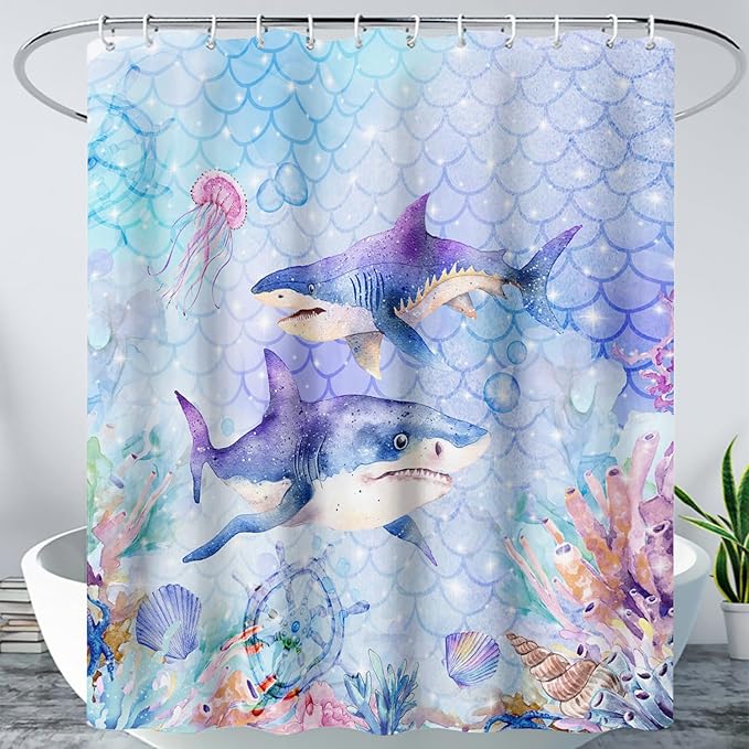 AILONEN Cartoon Shark Shower Curtain for Kids Boys Girls,Blue Ocean Coral Shell Fish Scale Coast Bathroom Curtain, 36" W*72" H Bath Curtain Polyester Waterproof Shower Curtain with 12 Hooks