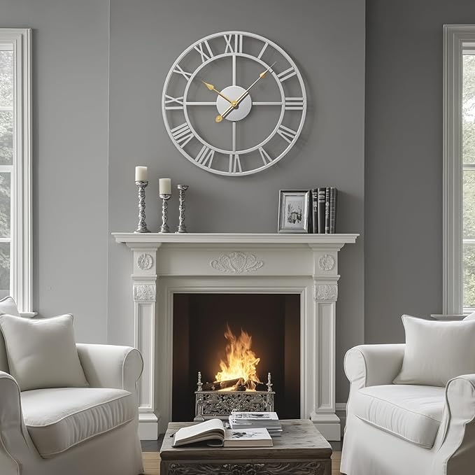 Modern Large Wall Clock, 16 inch Silver Decorative Metal Clock Silent Non Ticking, Roman Numeral Analog Battery-Operated Round Clock for Living Room, Kitchen, Bedroom, Office, Home Decor