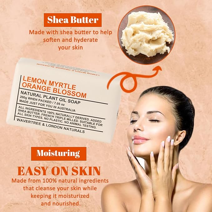 Wavertree & London Lemon Myrtle & Orange Blossom Scented Natural Soap Bars (2 Bars), 7oz Moisturizing French Triple Milled Soap enriched with shea butter - Bath & Body Soap [100% Naturally derived]