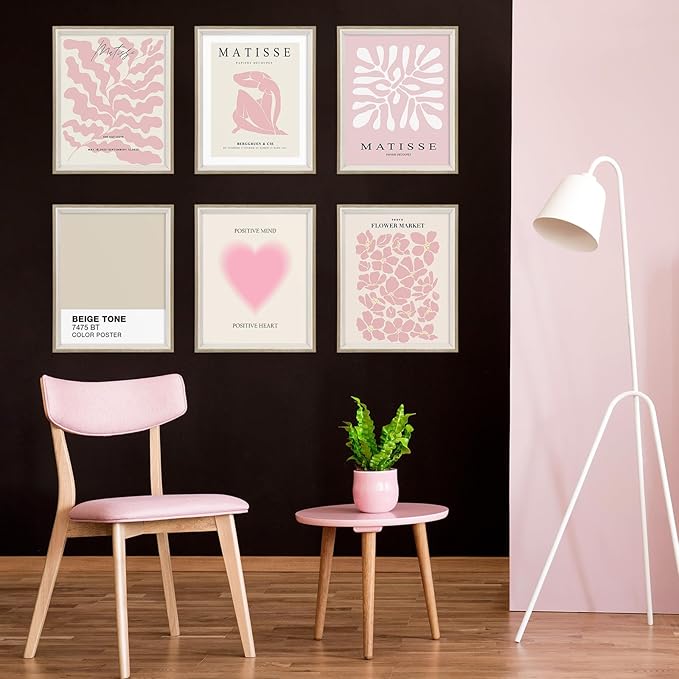 Habseligkeit Pink Matisse Wall Art Prints, Abstract Wall Art Exhibition Posters, Vintage Wall Art Prints, Retro Room Decor for Girl's Bedroom 8x10 inch, Framed