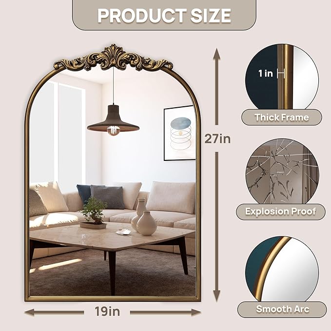 Ornate Baroque Vintage Gold Mirror - 19"X27" Arched Antique Brass Mirror with Full Metal Frame - Perfect for Entryway, Fireplace, Living Room, Hallway, or Bathroom Décor