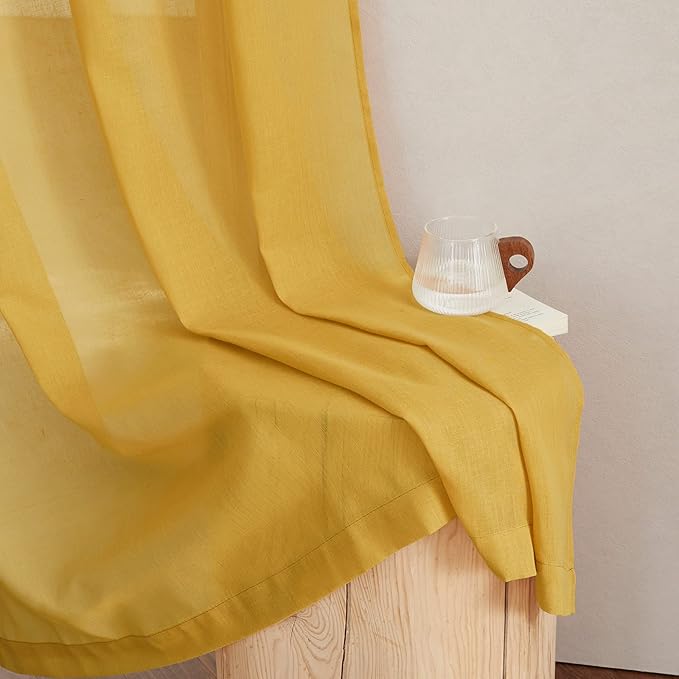 NICETOWN Semi Sheer Gold Curtains 96 inches Long, Grommet Linen Weave Vintage Vertical Drapes Privacy with Light Filtering for Living Room/Farmhouse, Citrine, 2 Panels, W52 x L96