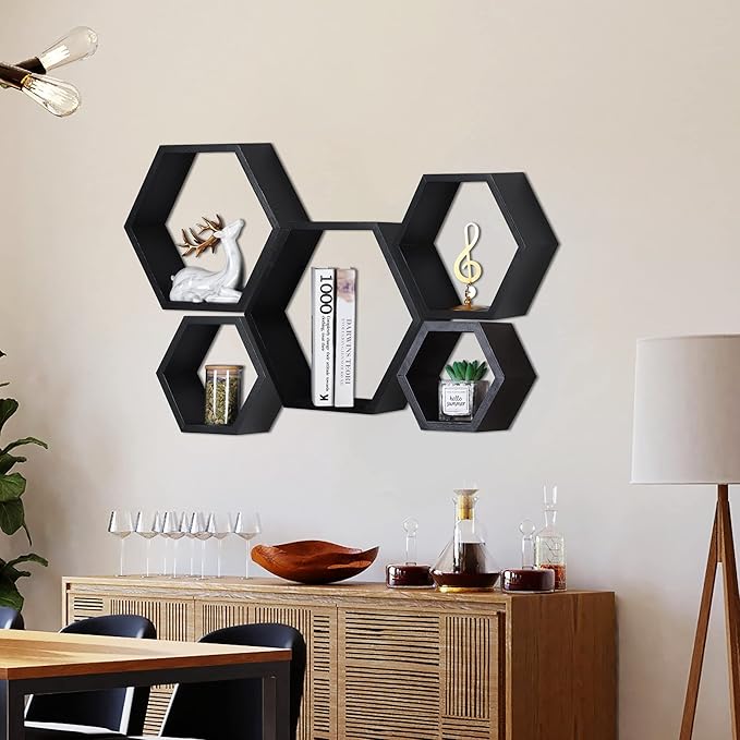 PHOENANCEE Hexagon Floating Shelves,Wall Mounted Wood Farmhouse Storage Honeycomb Wall Shelf Set of 5,for Bathroom, Kitchen, Bedroom, Living Room,Office,Home Room Wall Decor Driftwood Finish