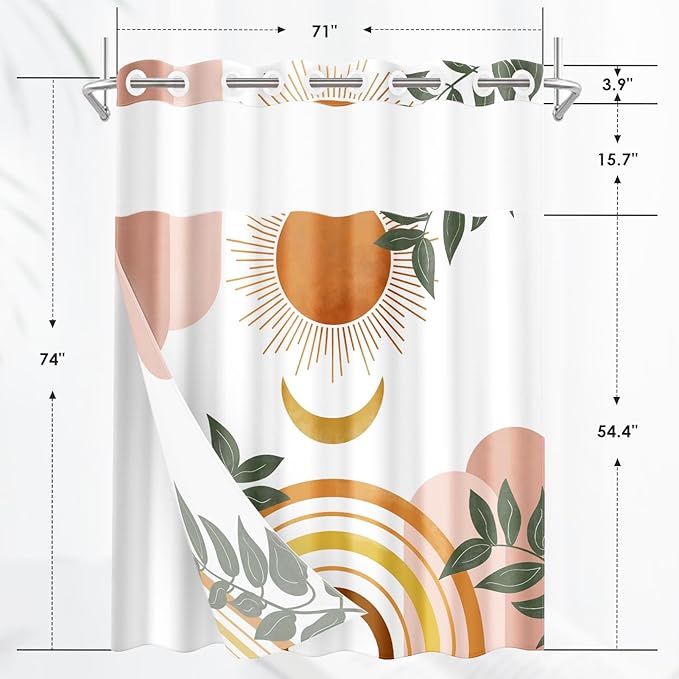 Boho Mid Century No Hook Shower Curtain with Snap in Liner, Sun Moon Leaves Orange Bath Curtain with Double Layers Waterproof Fabric and Mesh Top Window 71x74 Inch