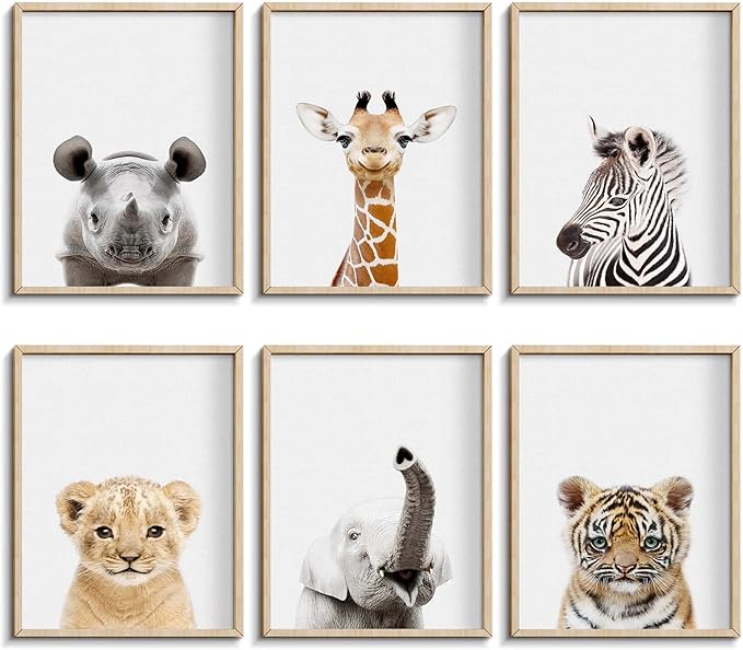 Nursery Safari Wall Art Decor, Jungle Animal of Rhino, Giraffe, Zebra, Cute Safari Decor for Baby Bedroom (8"x10", UNFRAMED) (H, 11x14 inch)