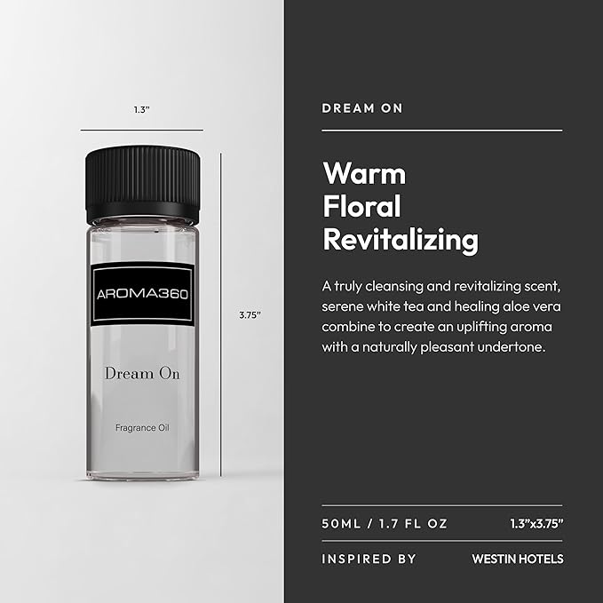 Aroma360 - Dream On Fragrance Oil Blend | Hotel Inspired for Luxury Essential Oil Diffusers | Aromatherapy Scent Diffuser Oil | Serene White Tea, Healing Aloe Vera, and Warm Earthy Cedar - 50ML