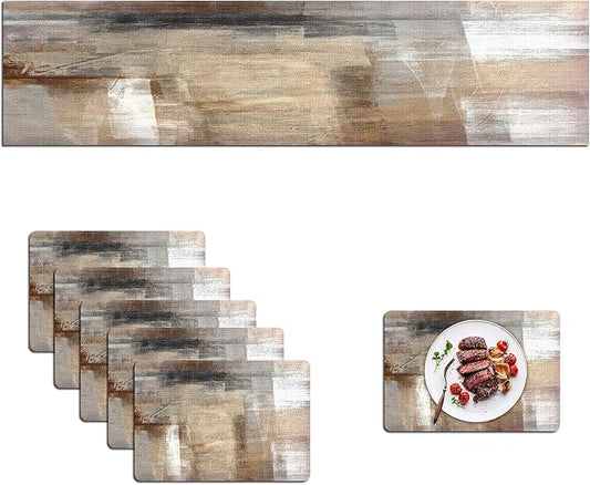 Mcalk Brown Table Runner and Placemats Set of 6 Pieces, Beige Placemats Modern Art,Abstract Art Cloth Place Mats Indoor for Kitchen,Washable Placemats Linen Material for Dining Table