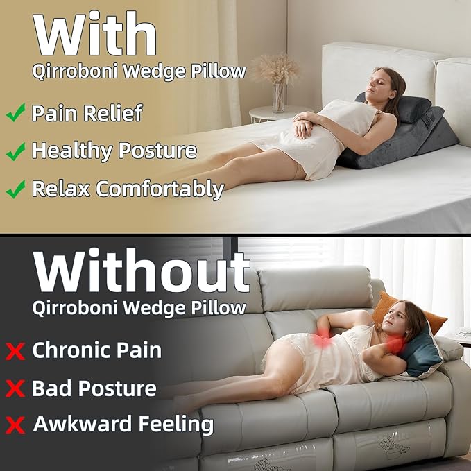 Qirroboni 3PCS Orthopedic Bed Wedge Pillow Set, Adjustable Pillows for Neck Back and Leg Pain Relief Comfortable & Post Surgery Foam- Heartburn Anti Snoring Acid Reflux & GERD Sleeping Charcoal Grey