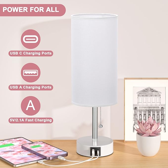 Hong-in Nightstand Lamp with 3 Color Modes - White Lamp for Bedroom with USB-C USB-A Charging Ports, 3000/4000/5000k Bedside Lamps by Pull Chain, Small Table Lamp for Bedroom, Office, Living Room