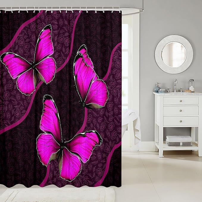 Feelyou Butterfly Shower Curtain 72"x78" Kids Butterflies Botanical Floral Print Bathroom Shower Curtain Set for Boys Girls Teens Geometric Stripes Bath Curtain Rose Bathroom Accessories
