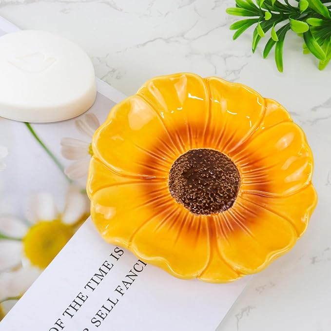 Elegant Bathroom Soap Dish, Inspired by Nature Sunflower, Ceramic Soap Dish Holder, Self-Draining and Multiple Styles for Bathroom Kitchen Accessories
