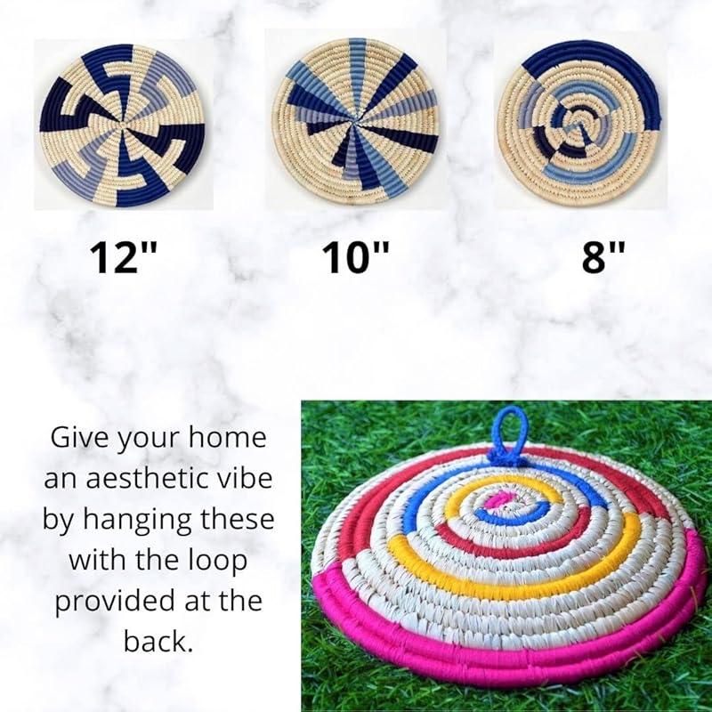 Set of 3 Round Boho Hanging Wall Basket Home Decor for Bedroom, Kitchen, Farmhouse Handmade Decorative Unique Indian Wall Decor Woven Wicker Baskets Christmas Gifting (Blue, Modish)