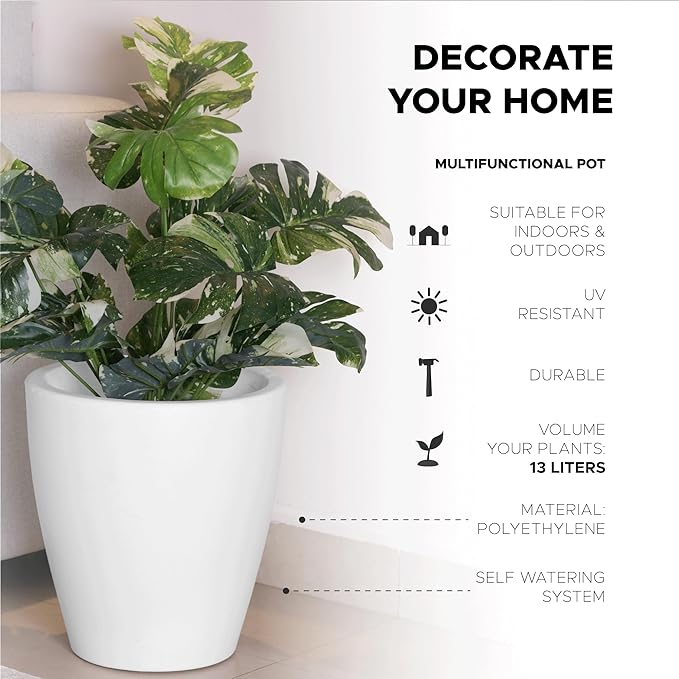 Elly Décor 12 inch Planter for Garden with Drainage, Large Round, Lightweight & Extremely Durable, Deck Indoor/Outdoor Plastic Pot, 12"x12"x7", White