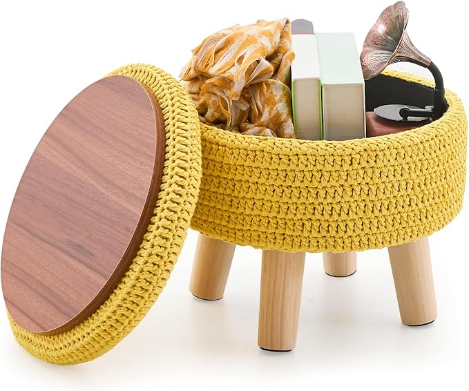 Wimarsbon Pouf Ottoman, 100% Cotton Knitted Boho Footstool, Round Footrest with Non-Skid Wood Legs, Home Décor Handmade Pouffe, Leisure Floor Step Stool for Living Room (Storage Yellow)