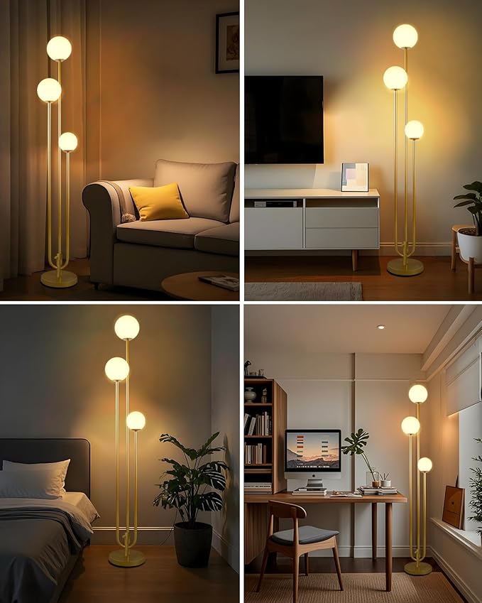 63IN 3-Light Dimmable Floor Lamp, Unique Tall Standing Lamps with 3 Gold Poles and 3000K G9 Bulbs for Reading, Mid Century Modern Floor Lamp for Living Room Bedroom Home Office