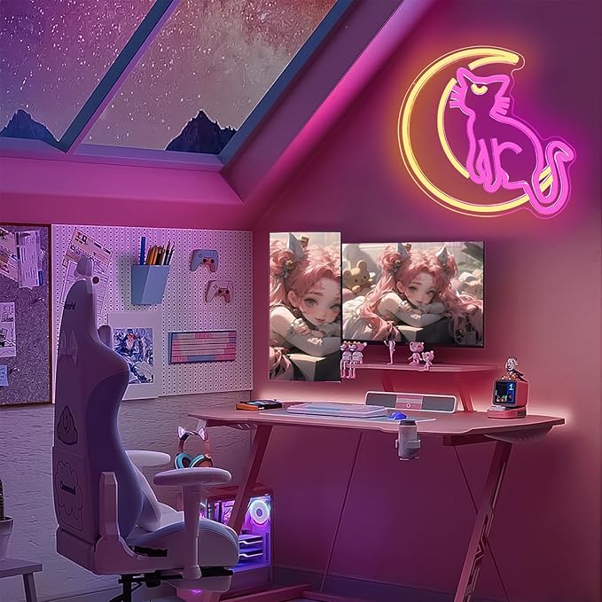 Japanese Anime Cat Neon Signs Dimmable Cartoon Luna Neon Lights Moon Cat Neon Light Sign Cute Led Signs for Bedroom Wall Girls Room Dorm Birthday Party Kawaii Gift