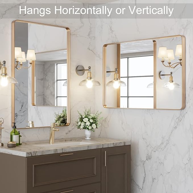 LOAAO 24”X36” Gold Bathroom Mirror, Rounded Rectangle Gold Frame Mirror, Brushed Gold Bathroom Vanity Mirror Wall-Mounted, Anti-Rust, Hangs Horizontally or Vertically