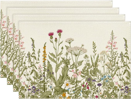 Artoid Mode Antique Herbs and Wild Flowers Summer Placemats Set of 4, 12x18 Inch Seasonal Wildflower Spring Table Mats for Party Kitchen Dining Decoration