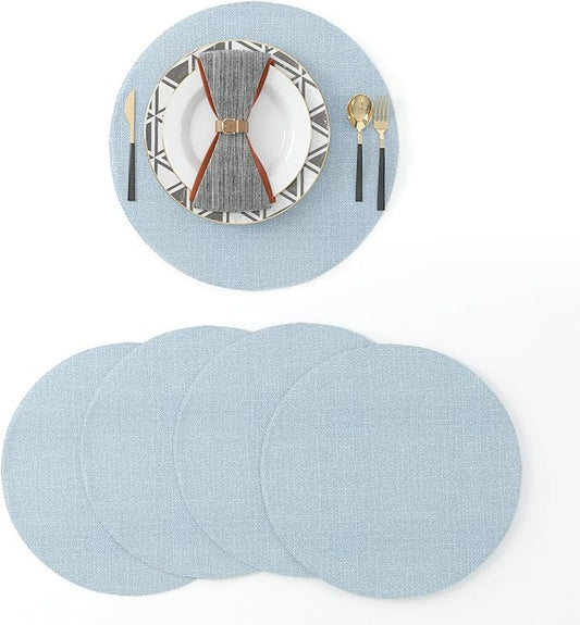 Set of 4 Round Placemat 15 Inch Soft Linen eco-Friendly Fabric Handcrafted Machine Washable Indoor & Outdoor Tablemat Light Blue