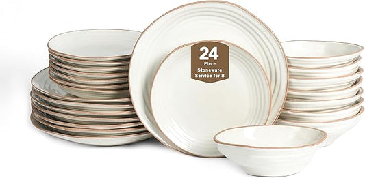 Stone Lain Nami 24-Piece Dinnerware - Stoneware, Plates and Bowls Set, Microwave and Dishwasher Safe, Dish for 8, White