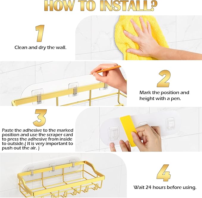 2 Pack Shower Caddy, Adhesive Shower Organizer for Bathroom Storage, Rustproof Stainless Steel Shower Shelves, No Drilling, Large Capacity Shower Rack Shelf for Inside Shower, Gold