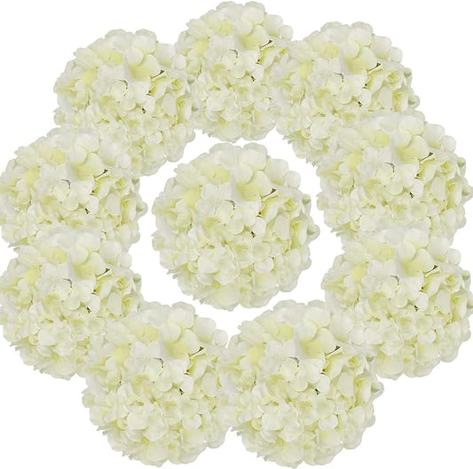 Flojery Silk Hydrangea Heads Artificial Flowers Heads with Stems for Home Wedding Decor,Pack of 10 (Ivory)