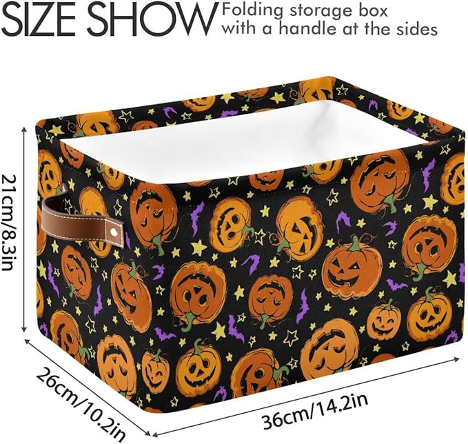 Halloween Pumpkin Spooky Storage Basket Fabric Kitchen Baskets Purple Bat Black Open Home Storage Bins Boxes Foldable Organizer Bag for Baby Cloth Pet Toy Book Shelf Closet Baskets 16×12×8 Inches