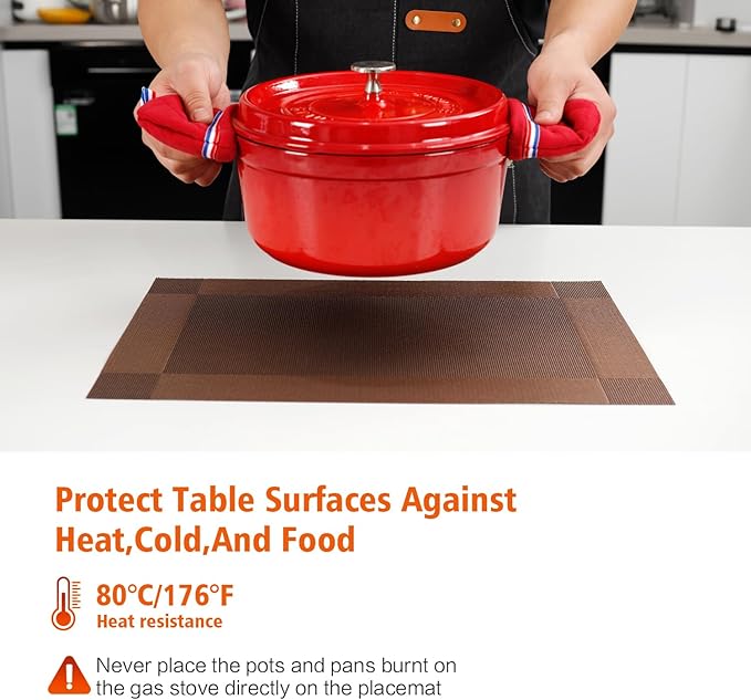 Placemats Set of 6,Washable,Heat and Stain Resistant Indoor/Outdoor Place mats, Vinyl Woven Non Slip Table Mats for Restaurant Table Protection, PVC Table Placemats.(Brown, 6PCS)