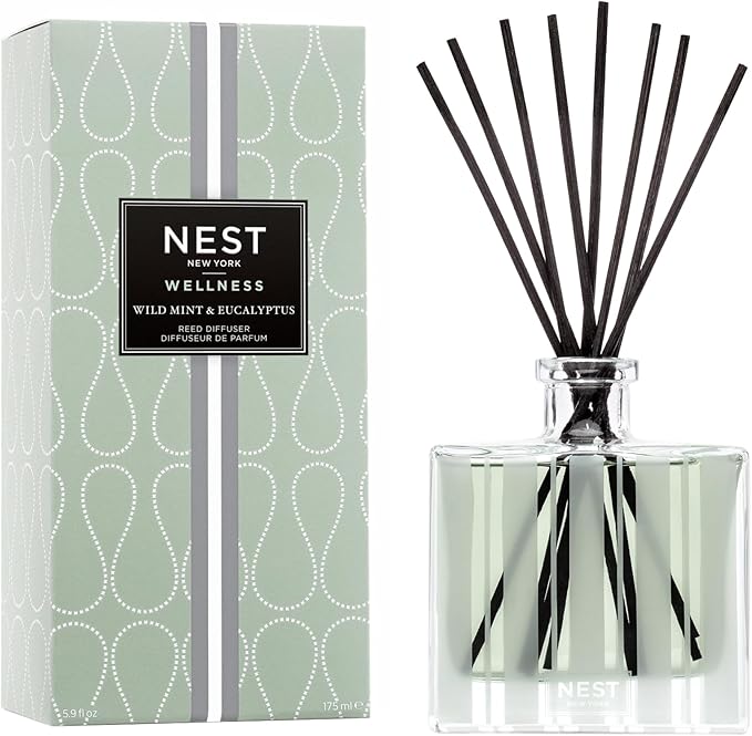 NEST New York Reed Diffuser, Wild Mint & Eucalyptus - 5.9 fl oz - Fragrance for Up to 90 Days - Reusable, Refillable Glass Holder - Includes 8 All-Natural Reed Sticks - Flame Free