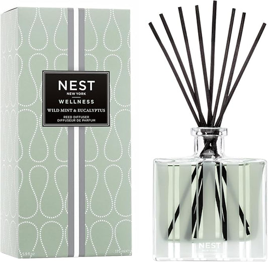 NEST New York Reed Diffuser, Wild Mint & Eucalyptus - 5.9 fl oz - Fragrance for Up to 90 Days - Reusable, Refillable Glass Holder - Includes 8 All-Natural Reed Sticks - Flame Free